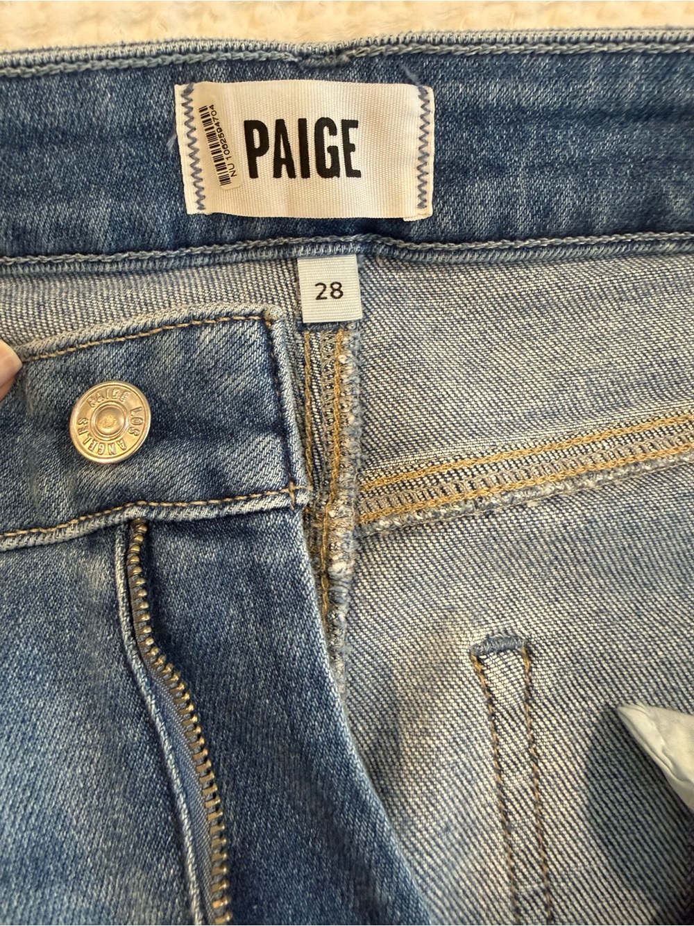 PAIGE High-Rise Light Blue Denim Jeans with Gold-Tone Stitching